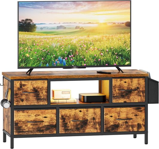 Dripex 100 x 35 x 50cm TV Cabinet Stand Unit for TVs up to 55 Inches with 5 Foldable Drawers Storage Organizers and Open Shelves with RGB LED Lighted TV Gaming Entertainment Center for Living Room