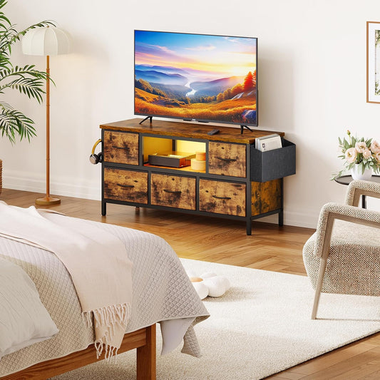 Dripex 100 x 35 x 50cm TV Cabinet Stand Unit for TVs up to 55 Inches with 5 Foldable Drawers Storage Organizers and Open Shelves with RGB LED Lighted TV Gaming Entertainment Center for Living Room