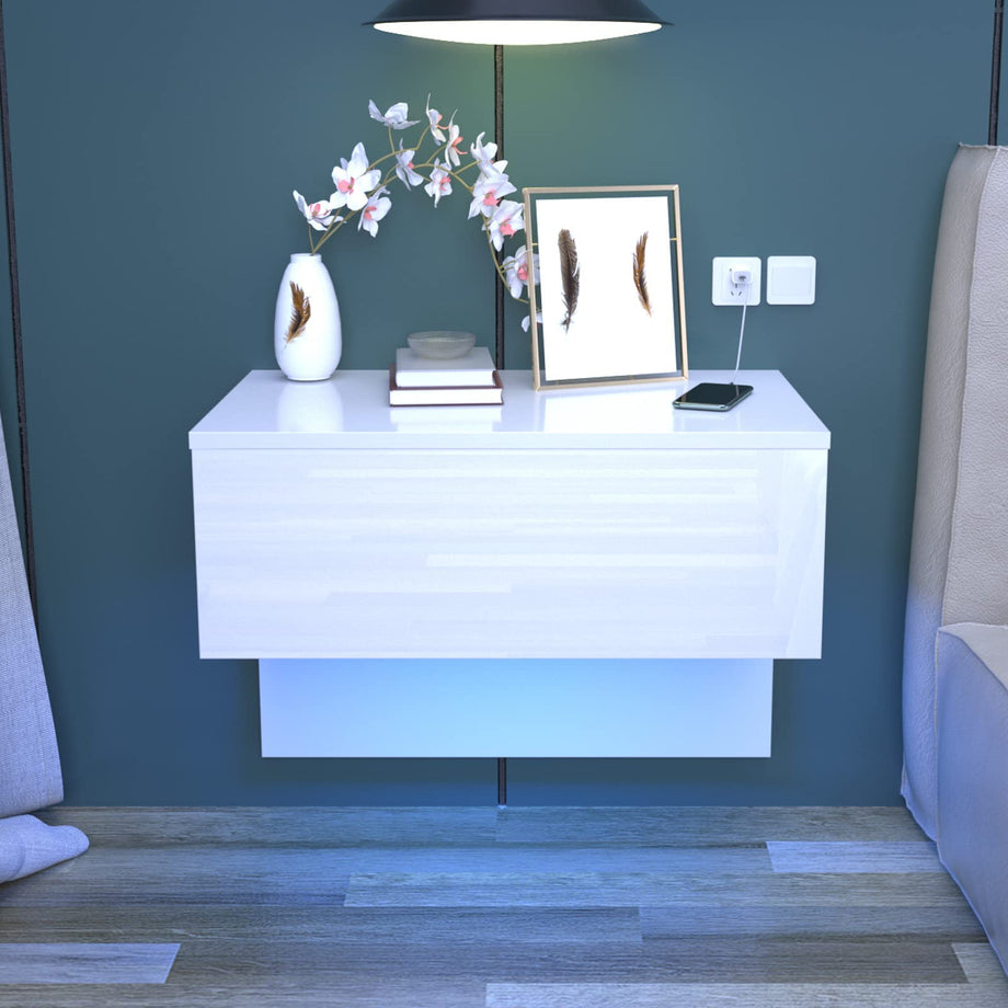 Dripex Floating Bedside Table with RGB LED Lights Wall Mounted Bedside Cabinet with Drawer High Gloss Front Cream White Bedside Drawer For Bedroom, Hotel