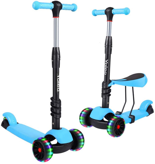 YOLEO Kids Three Wheel Kick Scooter with Removable Seat, LED Flashing Wheels, Height Adjustable Scooter