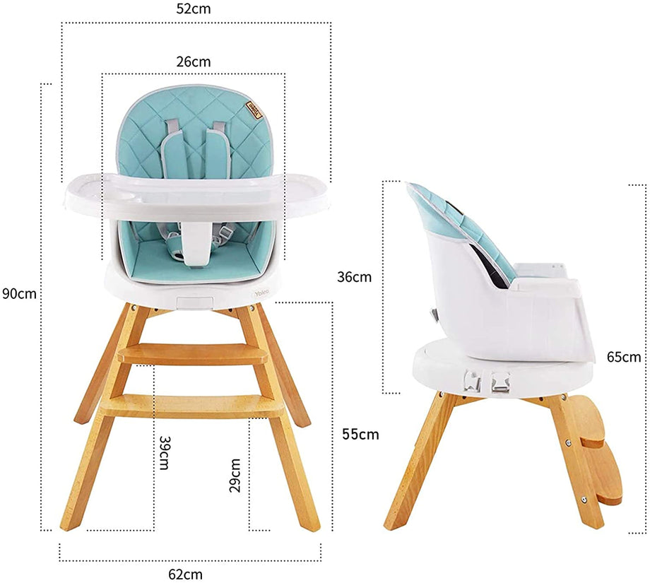 Yoleo Baby High Chair 4 in 1 Wooden High Chair Modern Design Booster Chair with Double Removable Tray Wooden Legs and 360° Rotatable Turntable for Baby Infants Toddlers