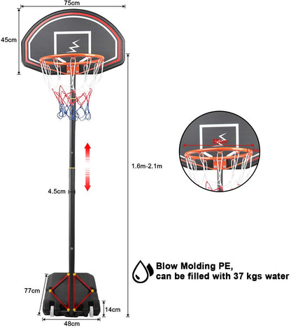 Dripex Professional Kids Height Adjustable Portable Outdoor Basketball Hoop Free standing Basketball Stand Net Set for kids 1.6M-2.1M with Wheels