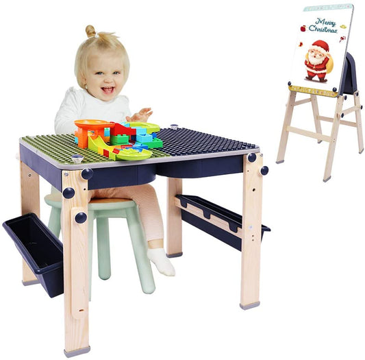 Dripex 8 in 1 Children's Table Multi-Functional Activity Table with Toy Storage Box, Compatible Building Block Table for Kids, Adjustment Double Sided Whiteboard for Toddler