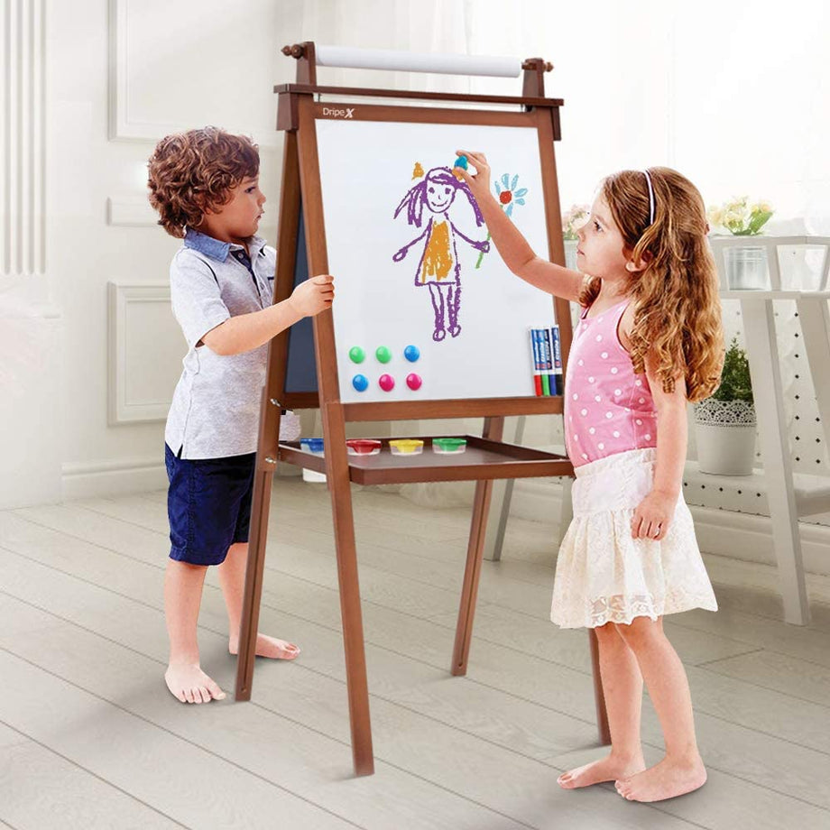 Dripex Kids Easel Double Sided Painting Chalkboard and Magnetic Board with Paper Roller for Children