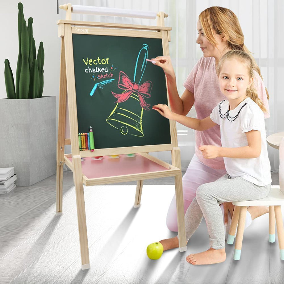 Dripex Kids Easel Double Sided Painting Chalkboard and Magnetic Board with Paper Roller for Children