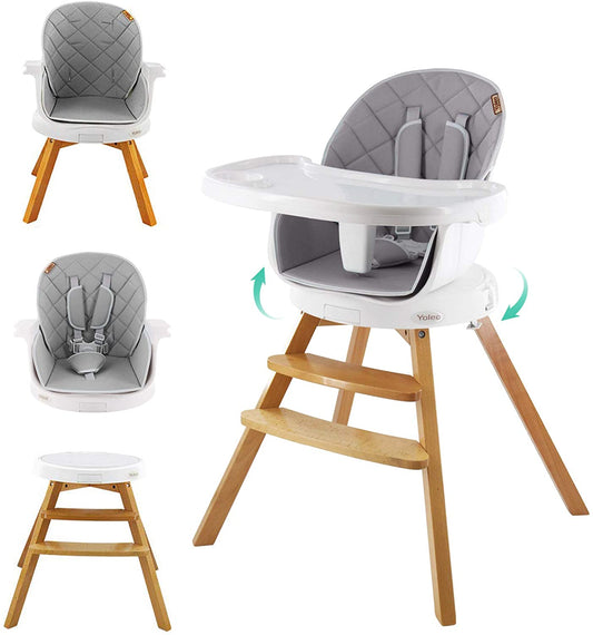 Yoleo Baby High Chair 4 in 1 Wooden High Chair Modern Design Booster Chair with Double Removable Tray Wooden Legs and 360° Rotatable Turntable for Baby Infants Toddlers