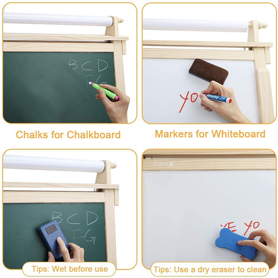 Dripex Kids Easel Double Sided Painting Chalkboard and Magnetic Board with Paper Roller for Children