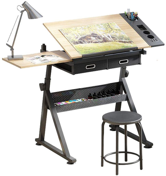 Dripex Adjustable Drawing Table Painting Desk with Tiltable Tabletop Architecture Design Work Station, Study, Drafting, Home Office Computer Desk (Including Stool)