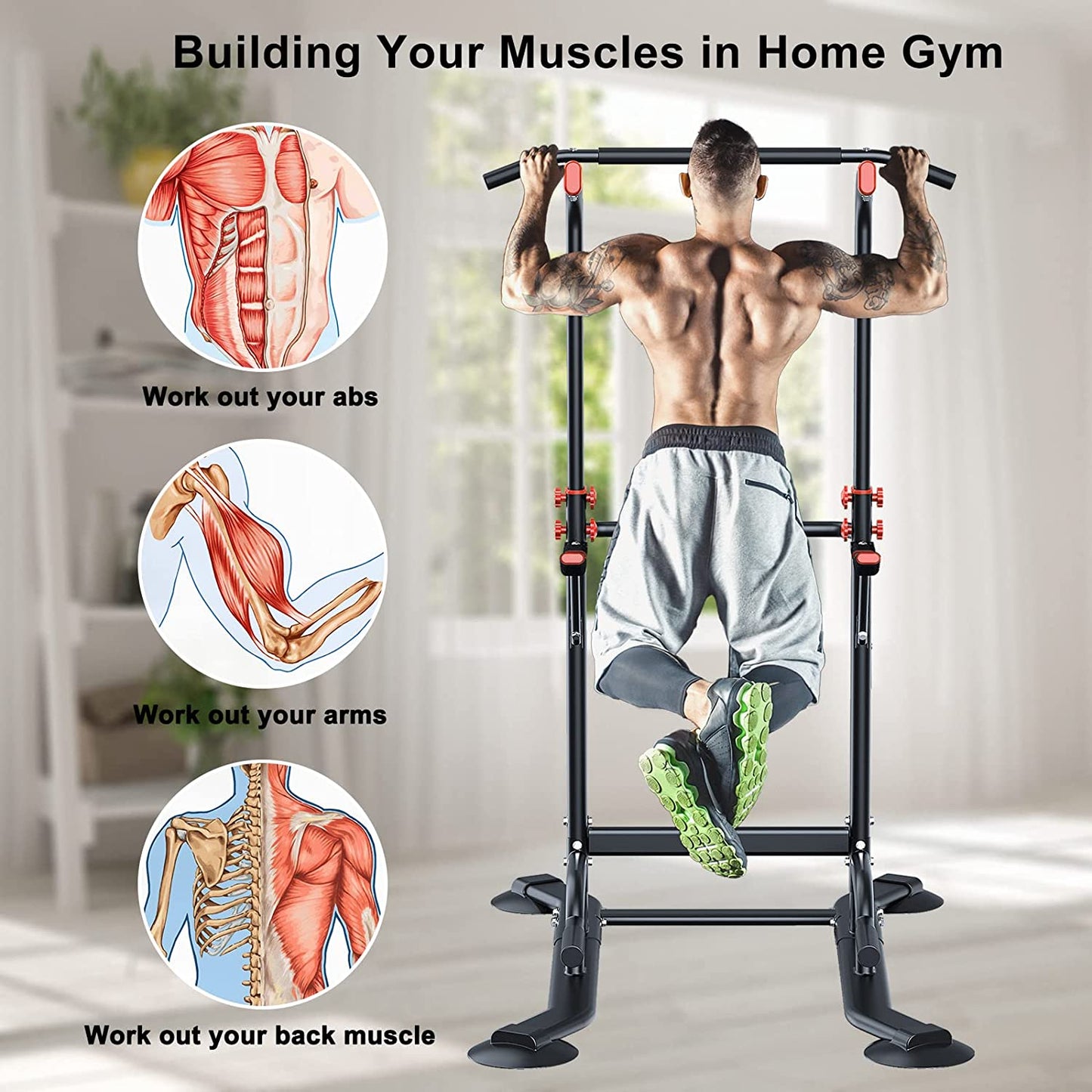 Dripex Multi-Function Power Tower-Pull Up Bar Station for Home Gym-Dip Station Workout Strength Training Fitness Equipment-Height Adjustable Pull up/Dip Bar 330LBS