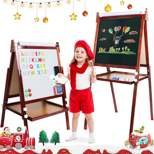 Dripex Kids Easel ,Childrens Bamboo Art Easel with Paper Roll ,Double-Sided Easel Kids ,Height Adjustable Magnetic Chalkboard Easel ,Kids Painting Blackboard with Other Accessories for Toddler