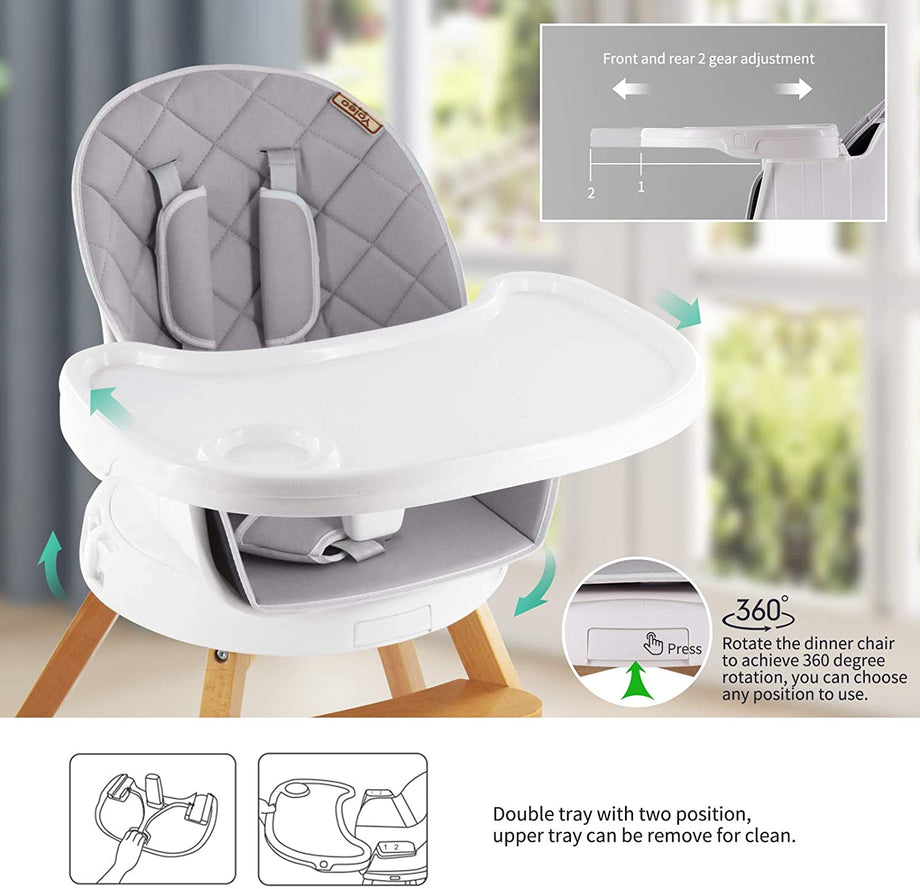 Yoleo Baby High Chair 4 in 1 Wooden High Chair Modern Design Booster Chair with Double Removable Tray Wooden Legs and 360° Rotatable Turntable for Baby Infants Toddlers