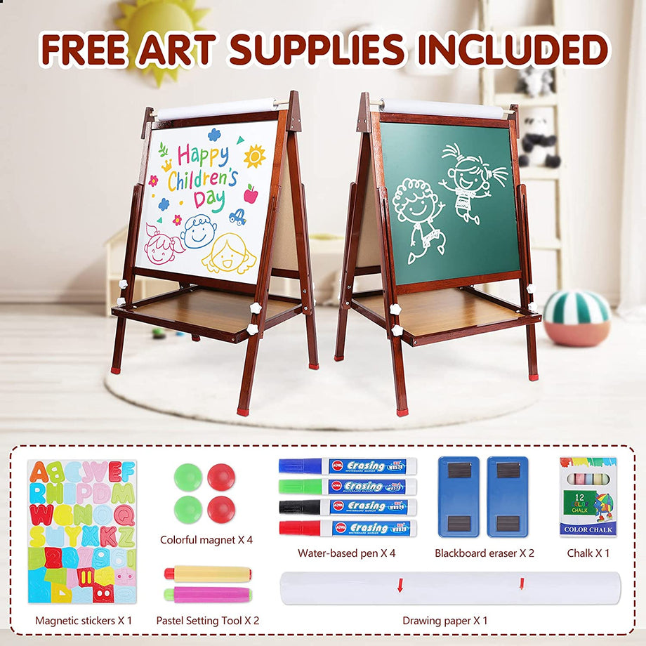 Dripex Kids Easel ,Childrens Bamboo Art Easel with Paper Roll ,Double-Sided Easel Kids ,Height Adjustable Magnetic Chalkboard Easel ,Kids Painting Blackboard with Other Accessories for Toddler