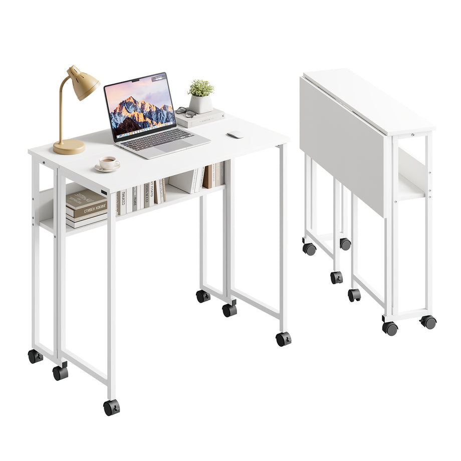 Dripex 80 x 50cm Folding Desk with Storage Shelf & Wheels, Mobile Foldable Desk for Home Office, Space Saving Multipurpose Table for Small Space, Easy Assembly