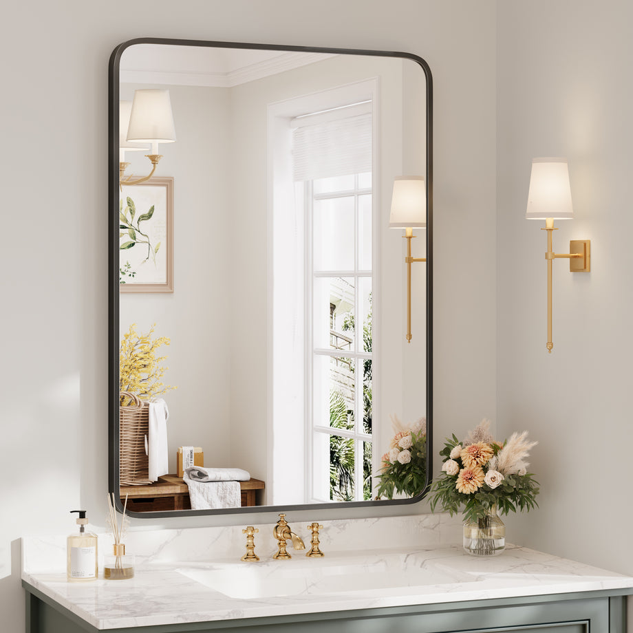 Dripex Rectangular Bathroom Mirror, 75 x 55cm Aluminium Frame Curved Corners, Pre-Fitted Hooks & Fixing Kit, Hang or Lean Vertically/Horizontally, for Living Room, Bedroom