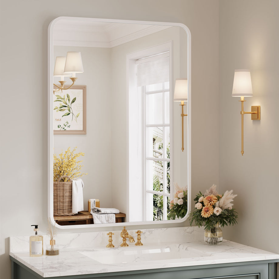 Dripex Rectangular Bathroom Mirror, 75 x 55cm Aluminium Frame Curved Corners, Pre-Fitted Hooks & Fixing Kit, Hang or Lean Vertically/Horizontally, for Living Room, Bedroom