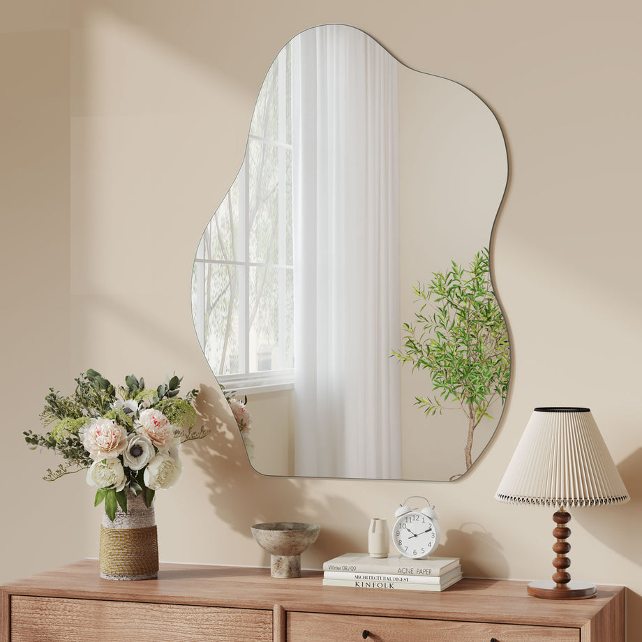 Dripex Irregular Wall Mirror, 65 x 50cm/ 70 x 50cm Frameless Bathroom Mirror Wall Mounted with Pre-Fitted Hanging Holes & Fixing Kit - Wall Mounted Horizontally or Vertically