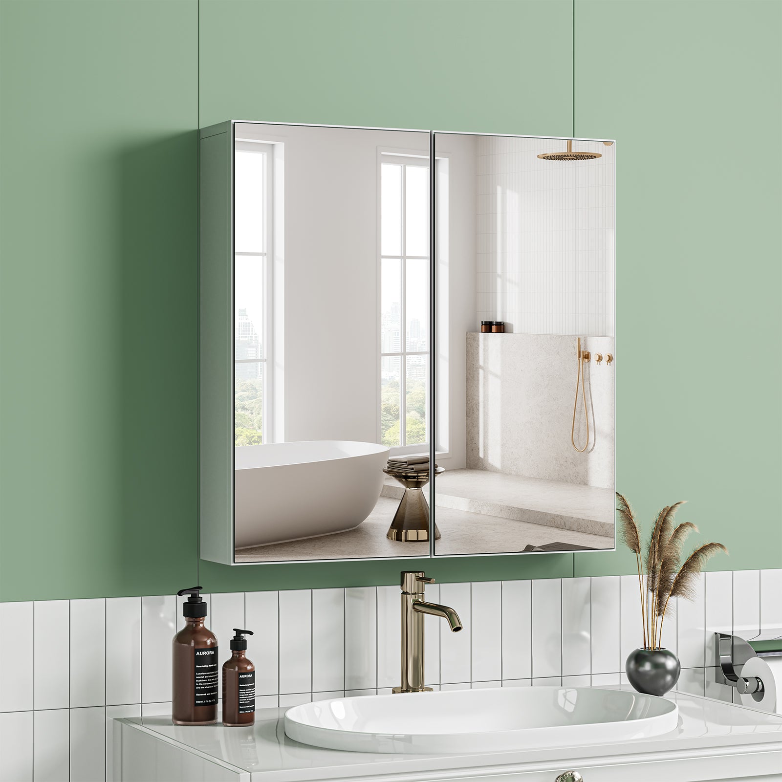 Double Door Bathroom Mirror Cabinet Wall Mounted Storage Cupboard Mirror Wall Cabinet Open Compartment Adjustable Shelf