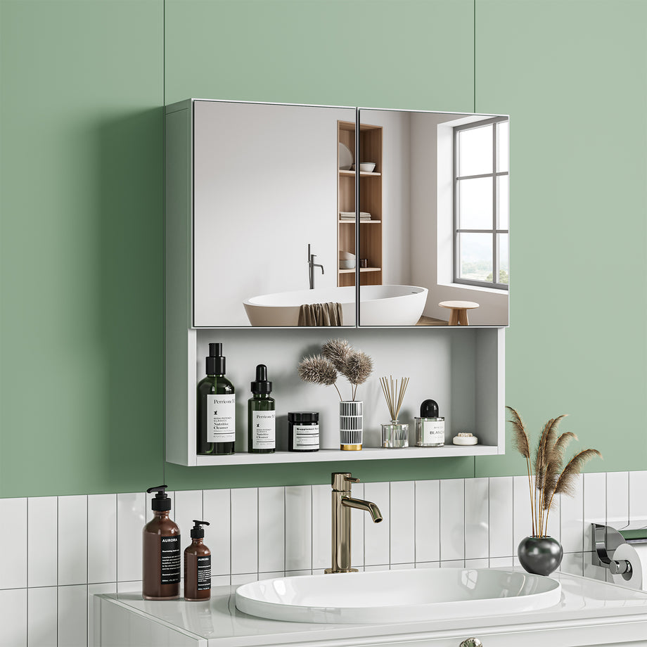 Dripex Double Door Bathroom Mirror Cabinet, Wall Mounted Storage Cupboard with Mirror, Wall Cabinet with Open Compartment Adjustable Shelf, White (60 x 60 x 12 cm)