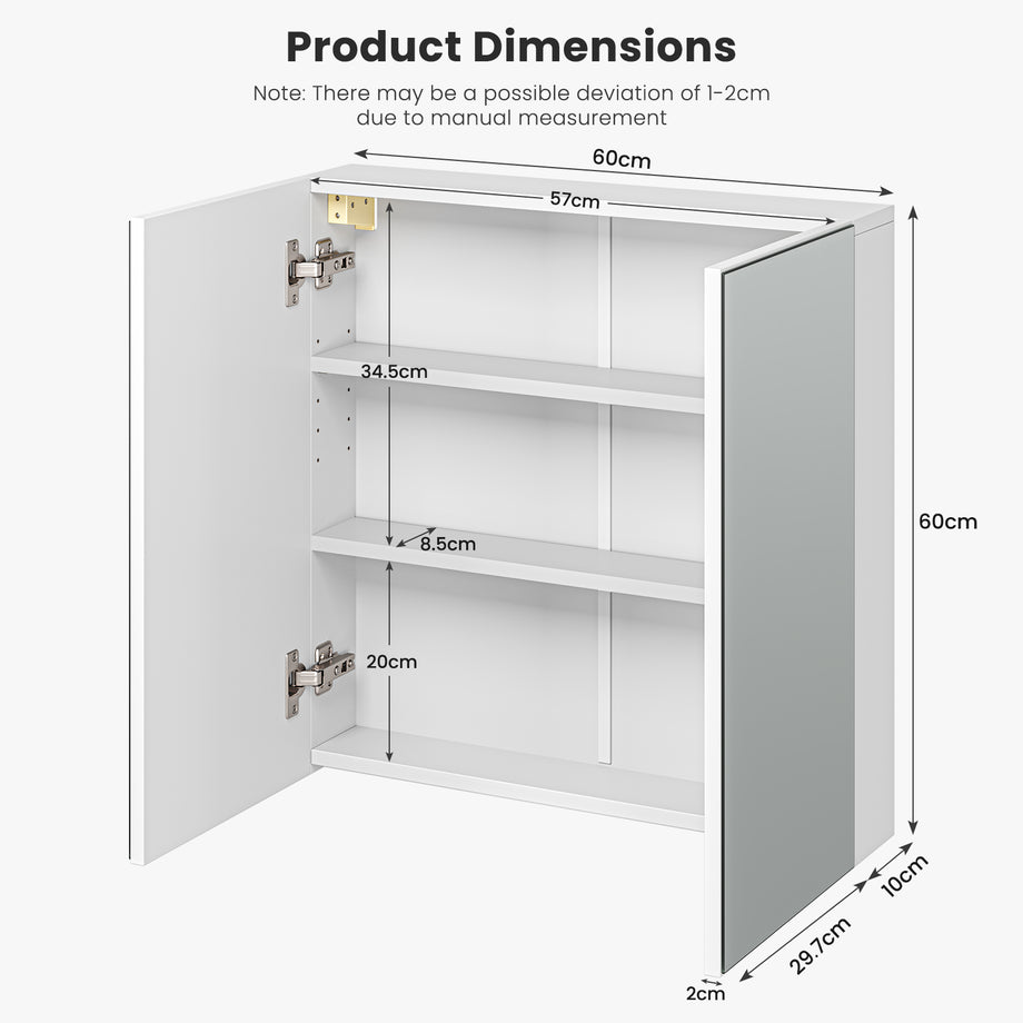 Dripex Double Door Bathroom Mirror Cabinet, Wall Mounted Storage Cupboard with Mirror, Wall Cabinet with Open Compartment Adjustable Shelf, White (60 x 60 x 12 cm)