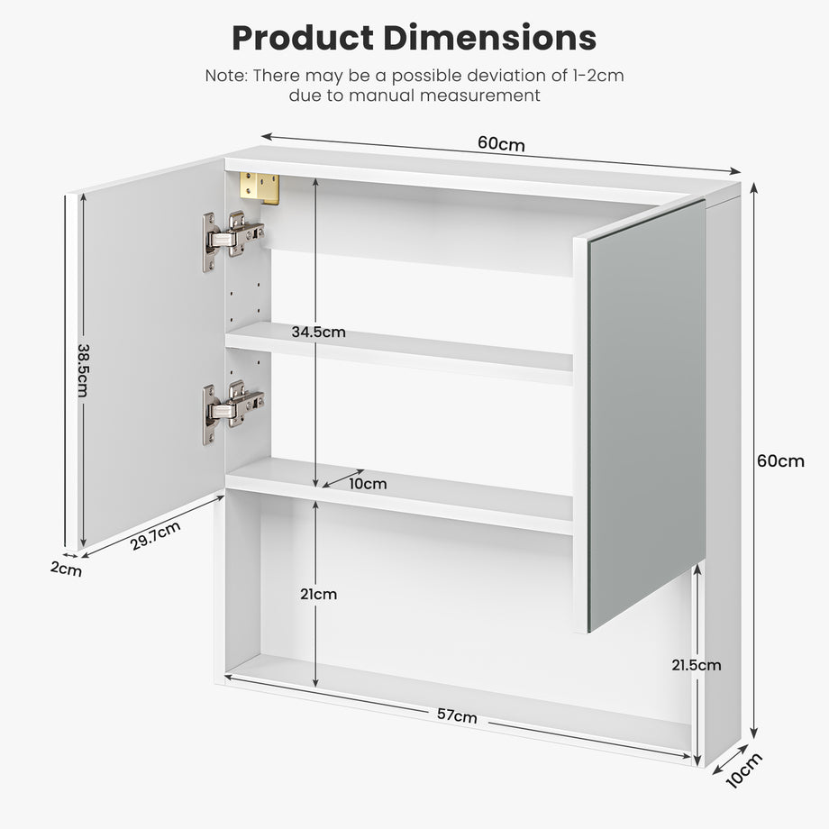 Dripex Double Door Bathroom Mirror Cabinet, Wall Mounted Storage Cupboard with Mirror, Wall Cabinet with Open Compartment Adjustable Shelf, White (60 x 60 x 12 cm)