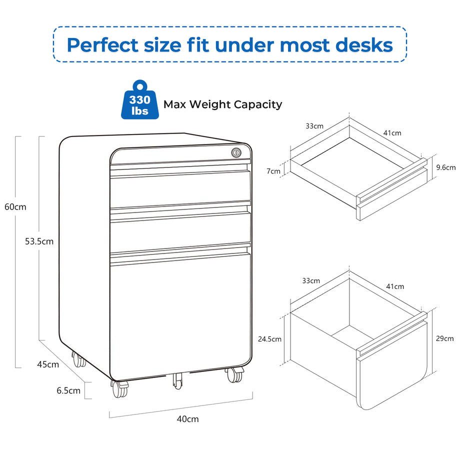 Dripex 3 Drawer Lockable Filing Cabinet, Metal Mobile File Cabinet on Wheels, Under Desk Office Storage for A4, Letter & Legal Files, Anti-Tilt, Pre-Assembled Body