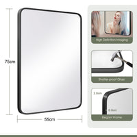Dripex Rectangular Bathroom Mirror, 75 x 55cm Aluminium Frame Curved Corners, Pre-Fitted Hooks & Fixing Kit, Hang or Lean Vertically/Horizontally, for Living Room, Bedroom