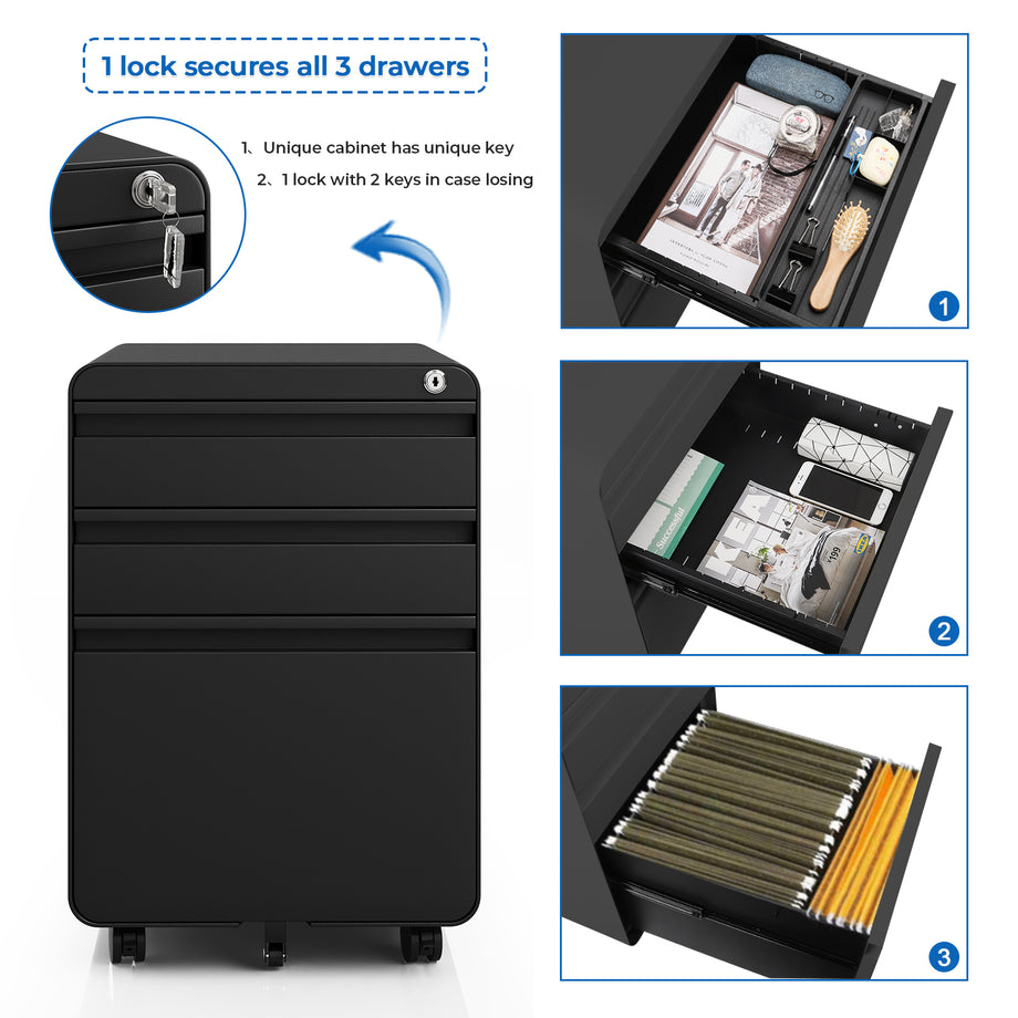 Dripex 3 Drawer Lockable Filing Cabinet, Metal Mobile File Cabinet on Wheels, Under Desk Office Storage for A4, Letter & Legal Files, Anti-Tilt, Pre-Assembled Body