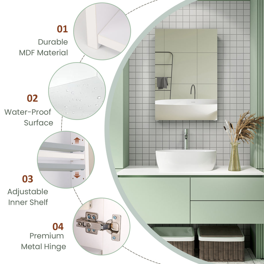 Dripex Single Door Bathroom Mirror Cabinet, Wall Mounted Storage Cupboard with Mirror, Cabinet with Adjustable Shelf