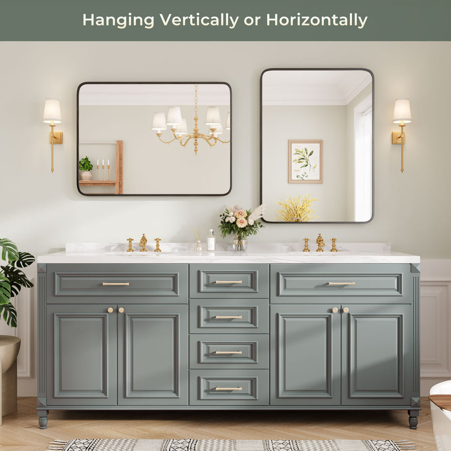 Dripex Rectangular Bathroom Mirror, 75 x 55cm Aluminium Frame Curved Corners, Pre-Fitted Hooks & Fixing Kit, Hang or Lean Vertically/Horizontally, for Living Room, Bedroom