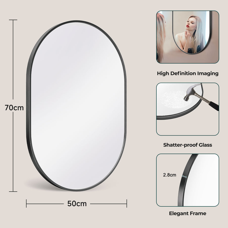 Dripex Oval Mirror, 70 x 50cm Wall Mounted Bathroom Mirror, Horizontal or Vertical Hanging Wall Mirror for Living Room, Bedroom, Entryway