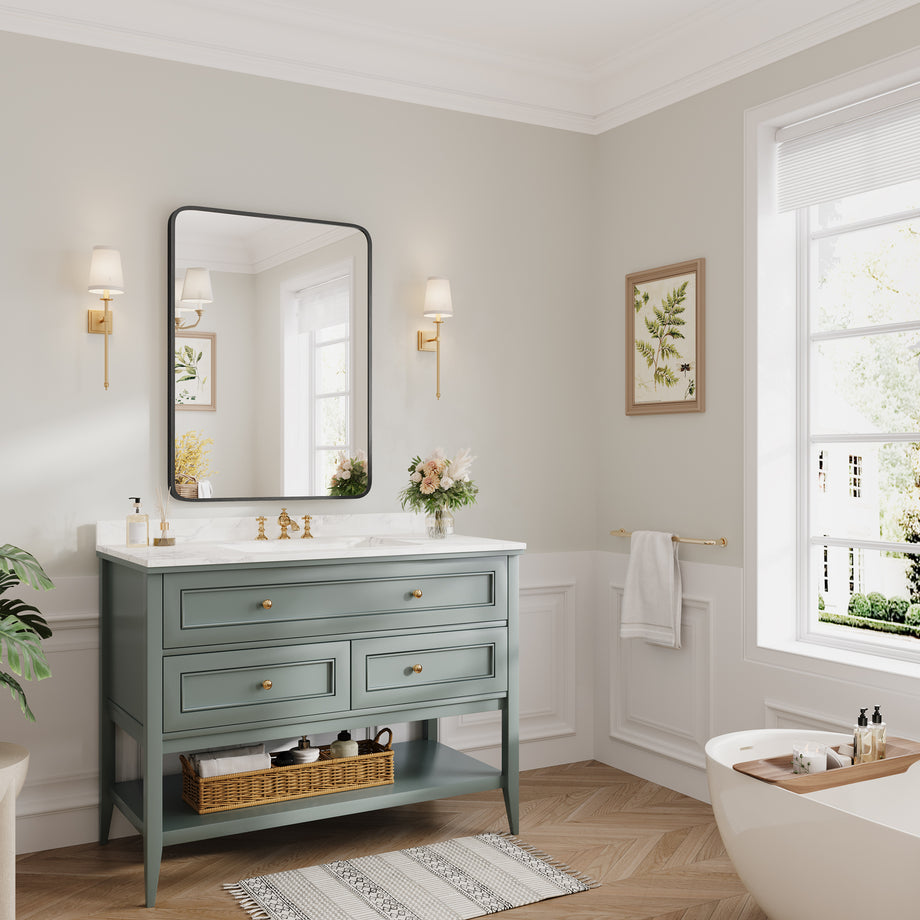 Dripex Rectangular Bathroom Mirror, 75 x 55cm Aluminium Frame Curved Corners, Pre-Fitted Hooks & Fixing Kit, Hang or Lean Vertically/Horizontally, for Living Room, Bedroom