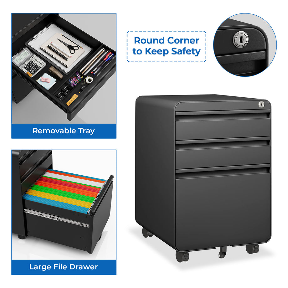 Dripex 3 Drawer Lockable Filing Cabinet, Metal Mobile File Cabinet on Wheels, Under Desk Office Storage for A4, Letter & Legal Files, Anti-Tilt, Pre-Assembled Body