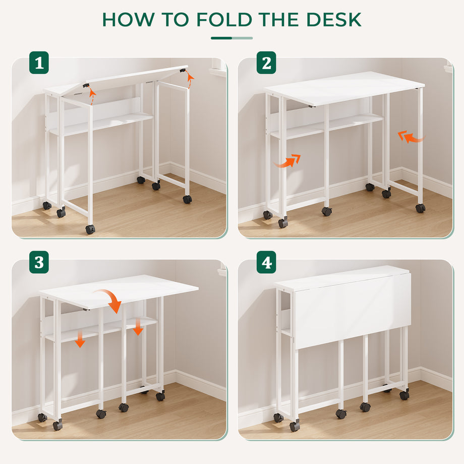Dripex 80 x 50cm Folding Desk with Storage Shelf & Wheels, Mobile Foldable Desk for Home Office, Space Saving Multipurpose Table for Small Space, Easy Assembly