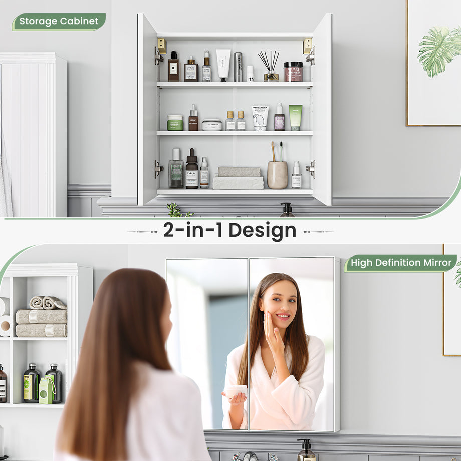 Dripex Double Door Bathroom Mirror Cabinet, Wall Mounted Storage Cupboard with Mirror, Wall Cabinet with Open Compartment Adjustable Shelf, White (60 x 60 x 12 cm)