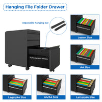 Dripex 3 Drawer Lockable Filing Cabinet, Metal Mobile File Cabinet on Wheels, Under Desk Office Storage for A4, Letter & Legal Files, Anti-Tilt, Pre-Assembled Body