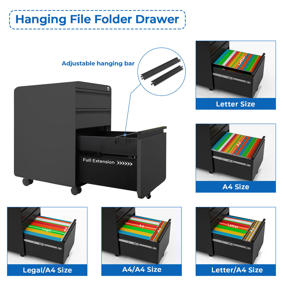 Dripex 3 Drawer Lockable Filing Cabinet, Metal Mobile File Cabinet on Wheels, Under Desk Office Storage for A4, Letter & Legal Files, Anti-Tilt, Pre-Assembled Body