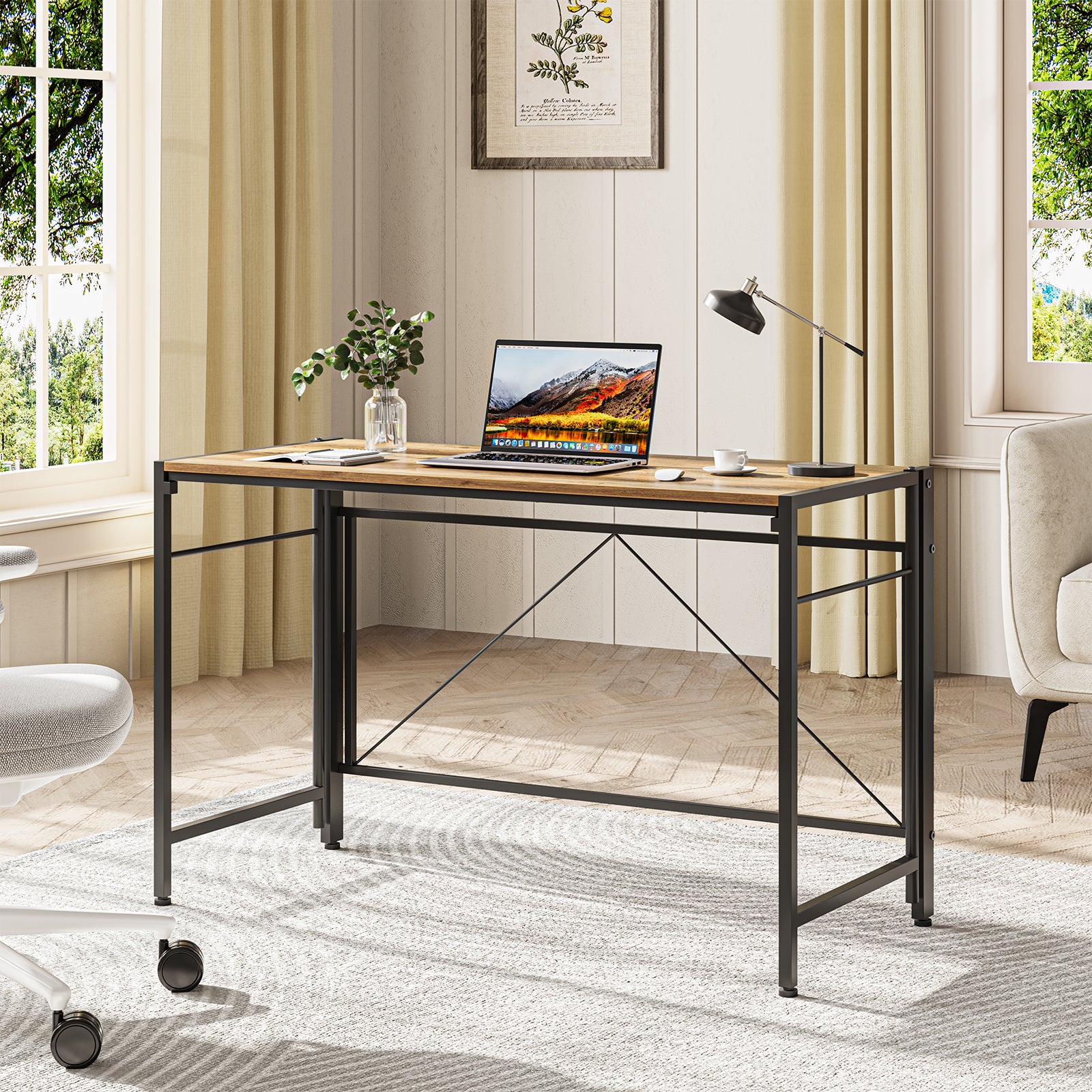 110 x 50cm Folding Desk Foldable Computer Desk Space Saving Writing Table Metal Frame Home Office Workstation Study Bedroom Gaming Easy Assembly
