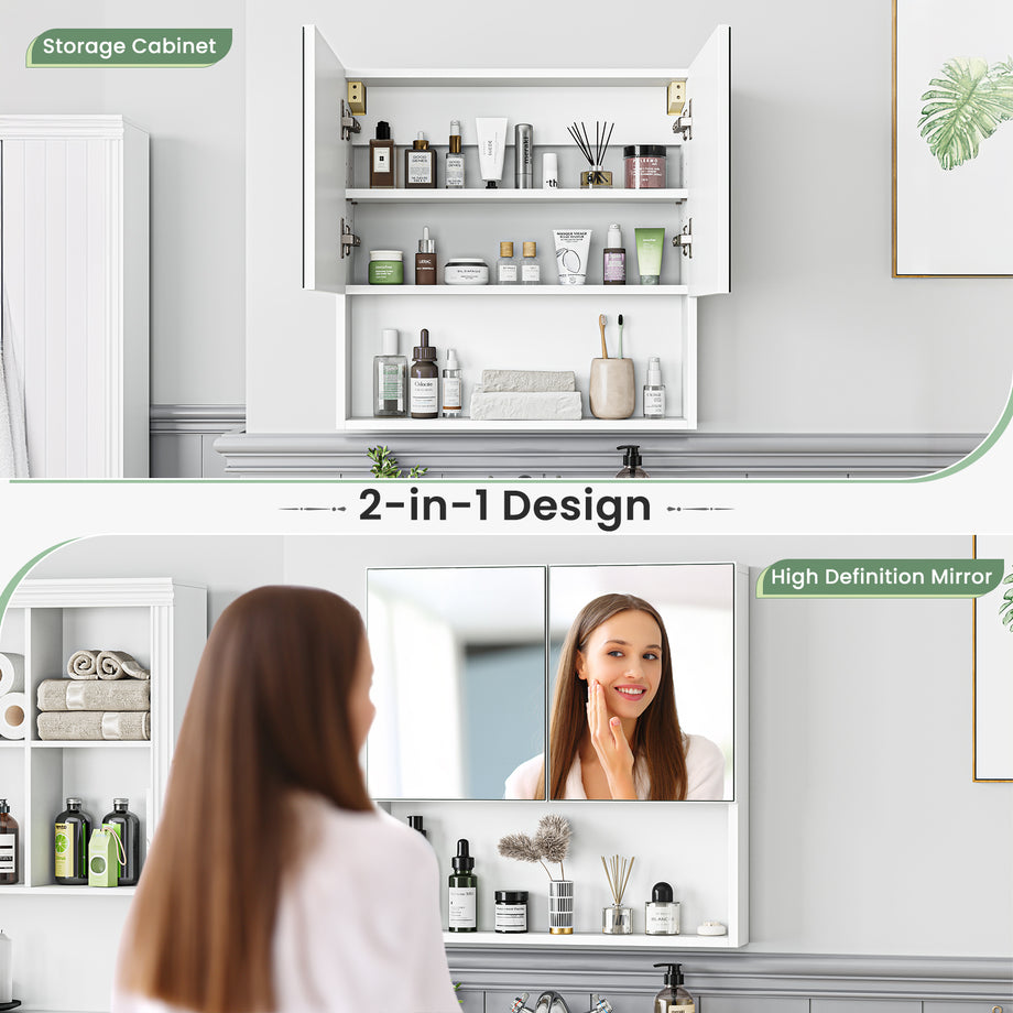 Dripex Double Door Bathroom Mirror Cabinet, Wall Mounted Storage Cupboard with Mirror, Wall Cabinet with Open Compartment Adjustable Shelf, White (60 x 60 x 12 cm)