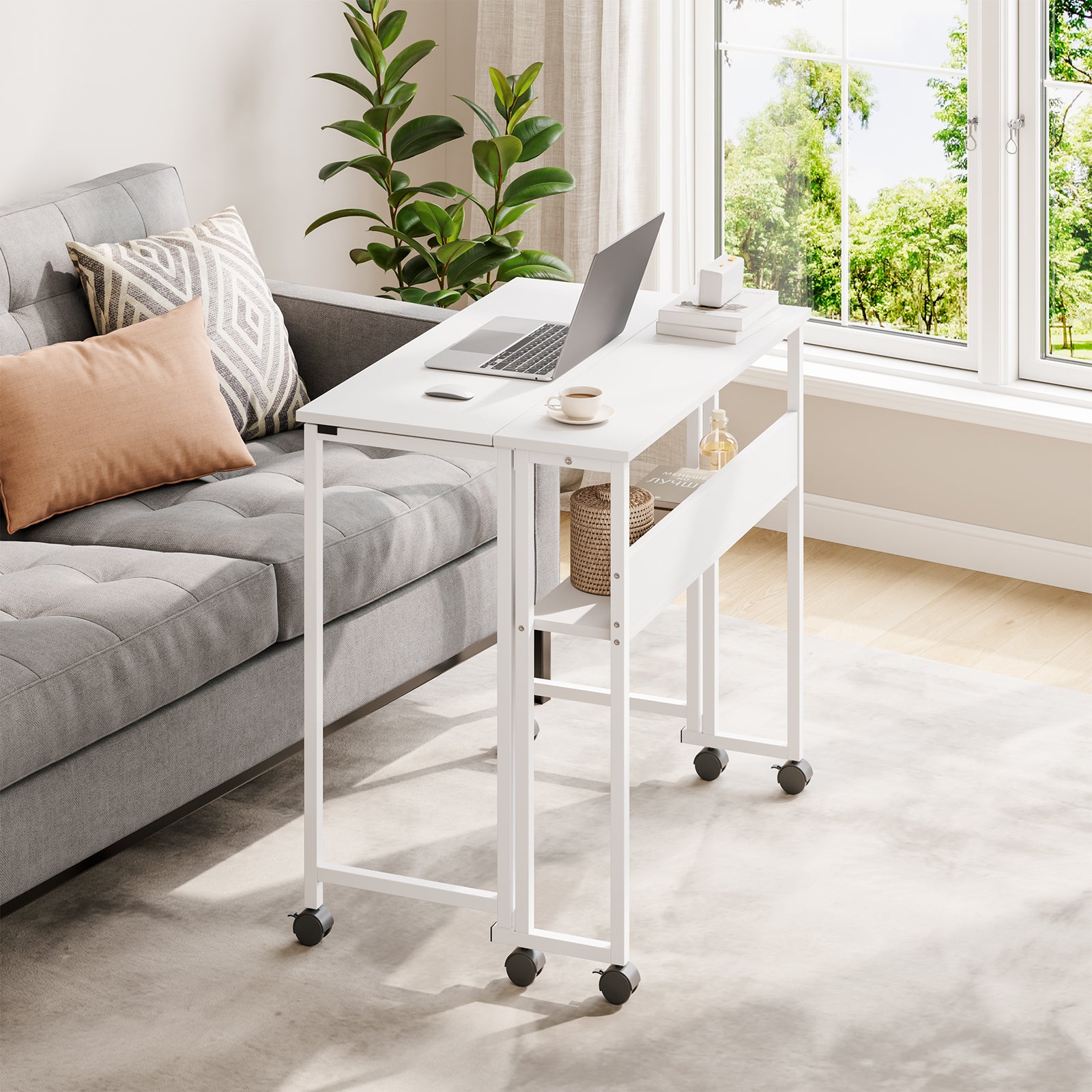 80 x 50cm Folding Desk Storage Shelf &amp Wheels Mobile Foldable Desk Home Office Space Saving Multipurpose Table Small Space Easy Assembly