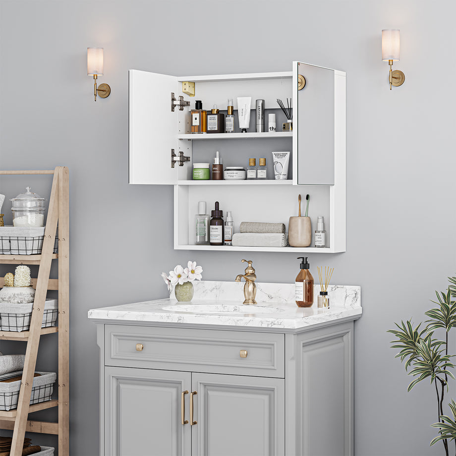 Dripex Double Door Bathroom Mirror Cabinet, Wall Mounted Storage Cupboard with Mirror, Wall Cabinet with Open Compartment Adjustable Shelf, White (60 x 60 x 12 cm)