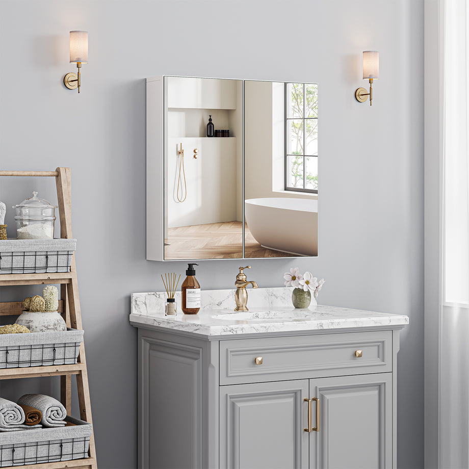 Dripex Double Door Bathroom Mirror Cabinet, Wall Mounted Storage Cupboard with Mirror, Wall Cabinet with Open Compartment Adjustable Shelf, White (60 x 60 x 12 cm)