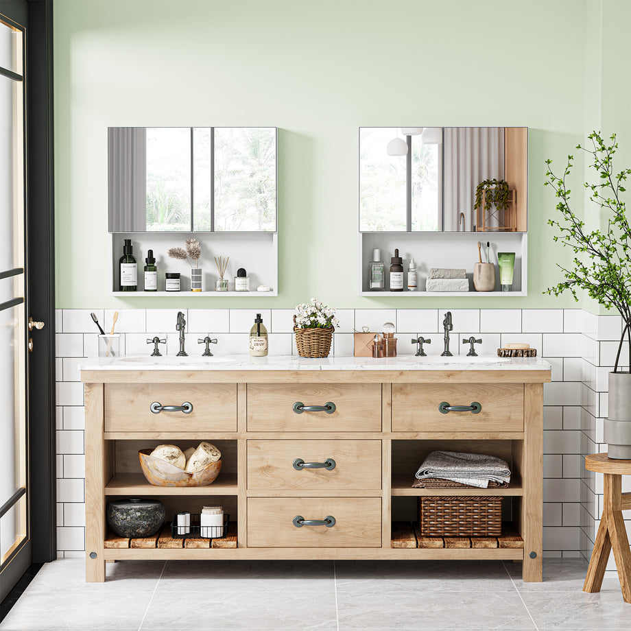 Dripex Double Door Bathroom Mirror Cabinet, Wall Mounted Storage Cupboard with Mirror, Wall Cabinet with Open Compartment Adjustable Shelf, White (60 x 60 x 12 cm)