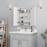 Dripex Double Door Bathroom Mirror Cabinet, Wall Mounted Storage Cupboard with Mirror, Wall Cabinet with Open Compartment Adjustable Shelf, White (60 x 60 x 12 cm)