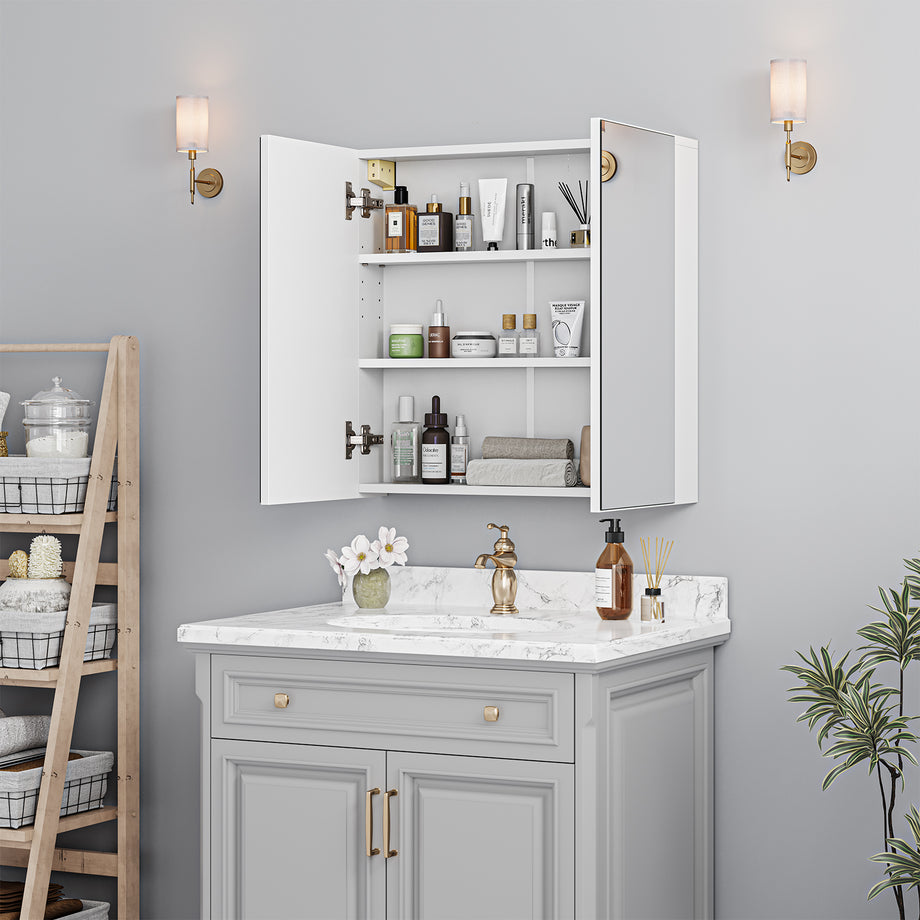 Dripex Double Door Bathroom Mirror Cabinet, Wall Mounted Storage Cupboard with Mirror, Wall Cabinet with Open Compartment Adjustable Shelf, White (60 x 60 x 12 cm)
