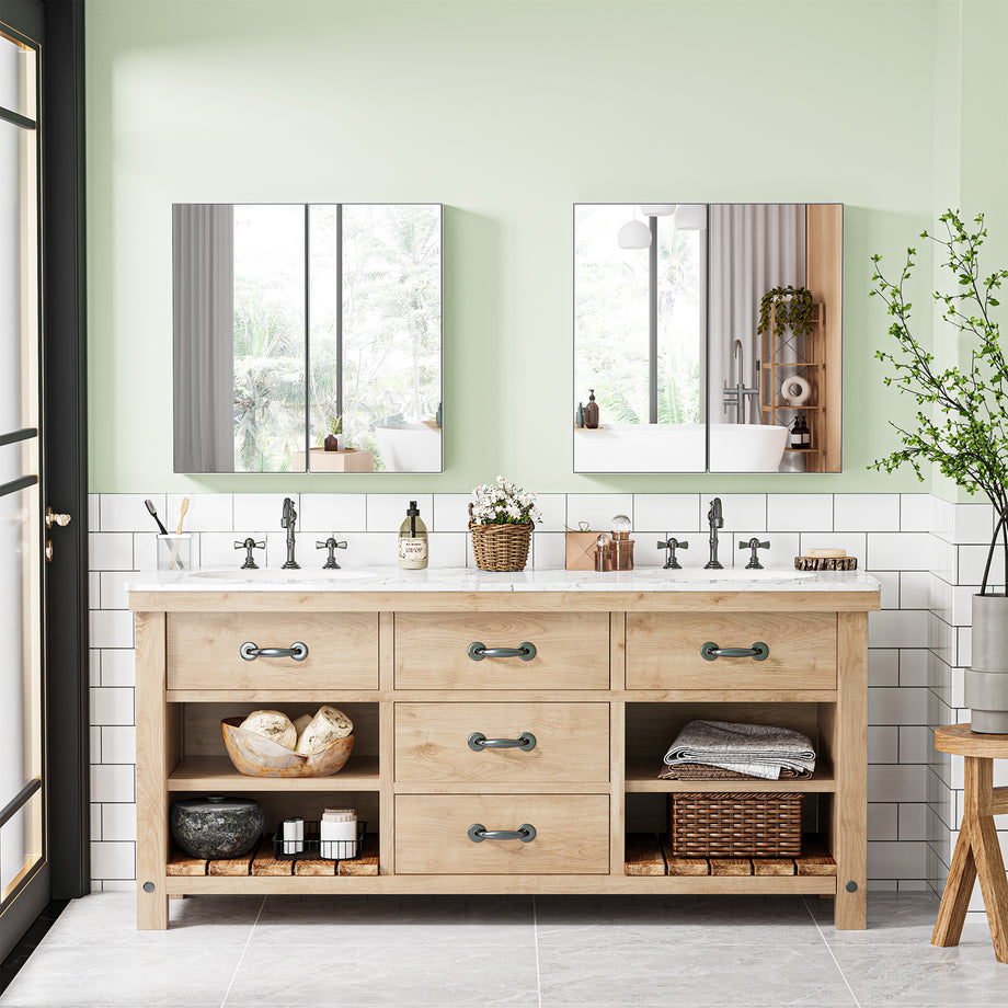 Dripex Double Door Bathroom Mirror Cabinet, Wall Mounted Storage Cupboard with Mirror, Wall Cabinet with Open Compartment Adjustable Shelf, White (60 x 60 x 12 cm)