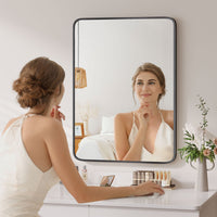 Dripex Rectangular Bathroom Mirror, 75 x 55cm Aluminium Frame Curved Corners, Pre-Fitted Hooks & Fixing Kit, Hang or Lean Vertically/Horizontally, for Living Room, Bedroom