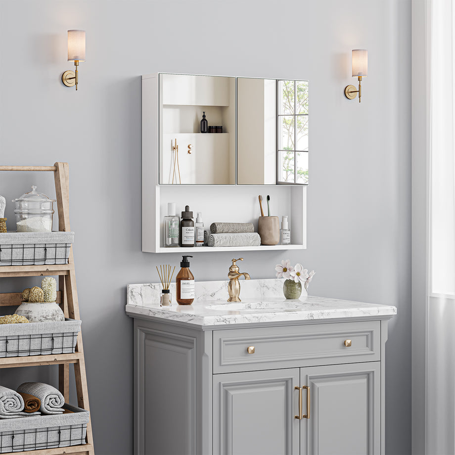 Dripex Double Door Bathroom Mirror Cabinet, Wall Mounted Storage Cupboard with Mirror, Wall Cabinet with Open Compartment Adjustable Shelf, White (60 x 60 x 12 cm)