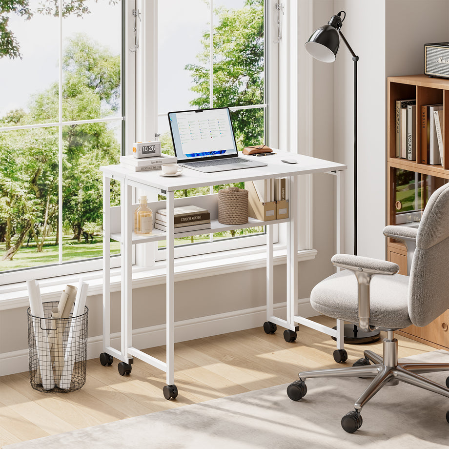 Dripex 80 x 50cm Folding Desk with Storage Shelf & Wheels, Mobile Foldable Desk for Home Office, Space Saving Multipurpose Table for Small Space, Easy Assembly