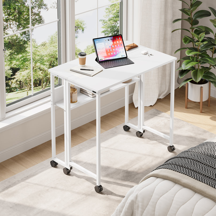 Dripex 80 x 50cm Folding Desk with Storage Shelf & Wheels, Mobile Foldable Desk for Home Office, Space Saving Multipurpose Table for Small Space, Easy Assembly