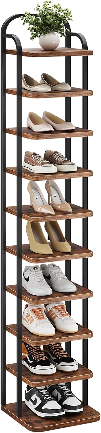 Dripex Adjustable Narrow Shoe Rack Organizer, Space Saving Vertical Tall Shoe Shelf, Sturdy Multifunctional Entryway Hallway Living Room Storage Shelf Rustic Brown